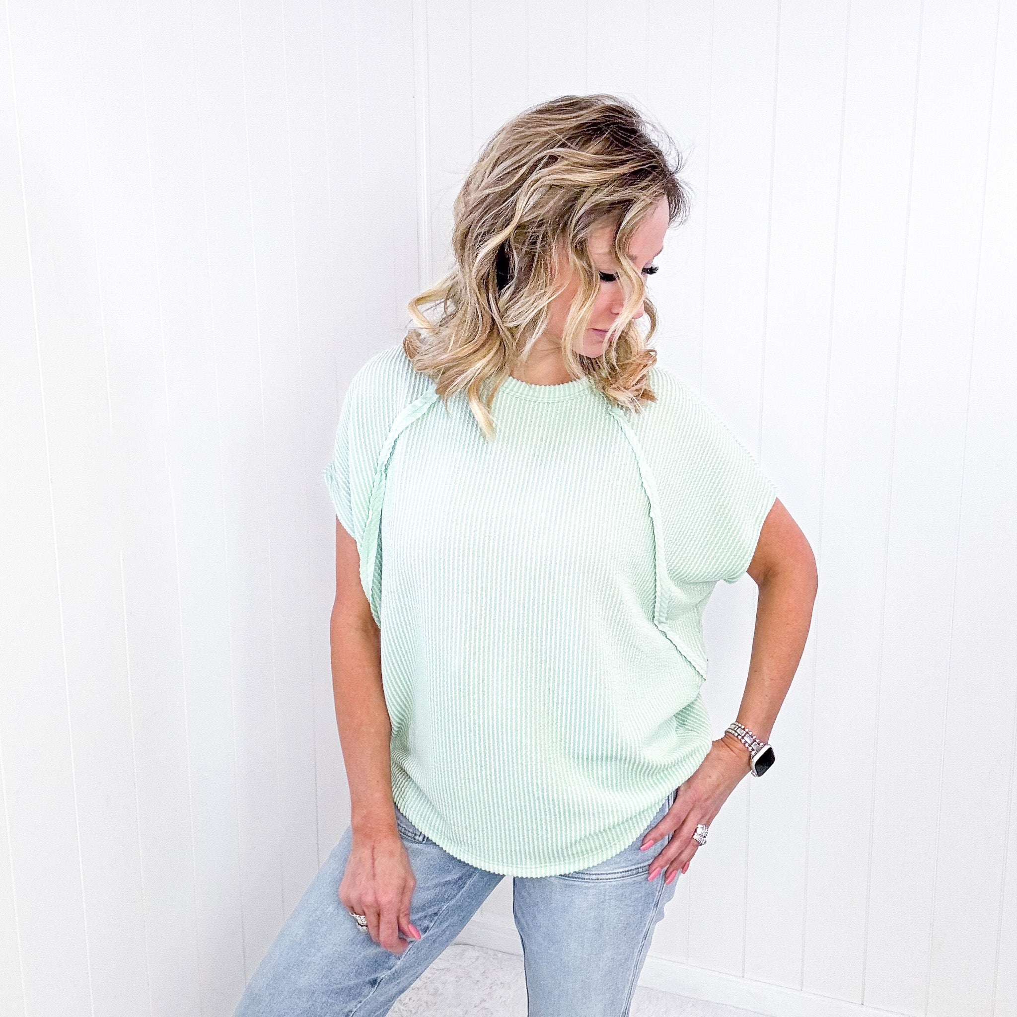 Andree Textured Line Ribbed Short Sleeve Top in 3 Colors