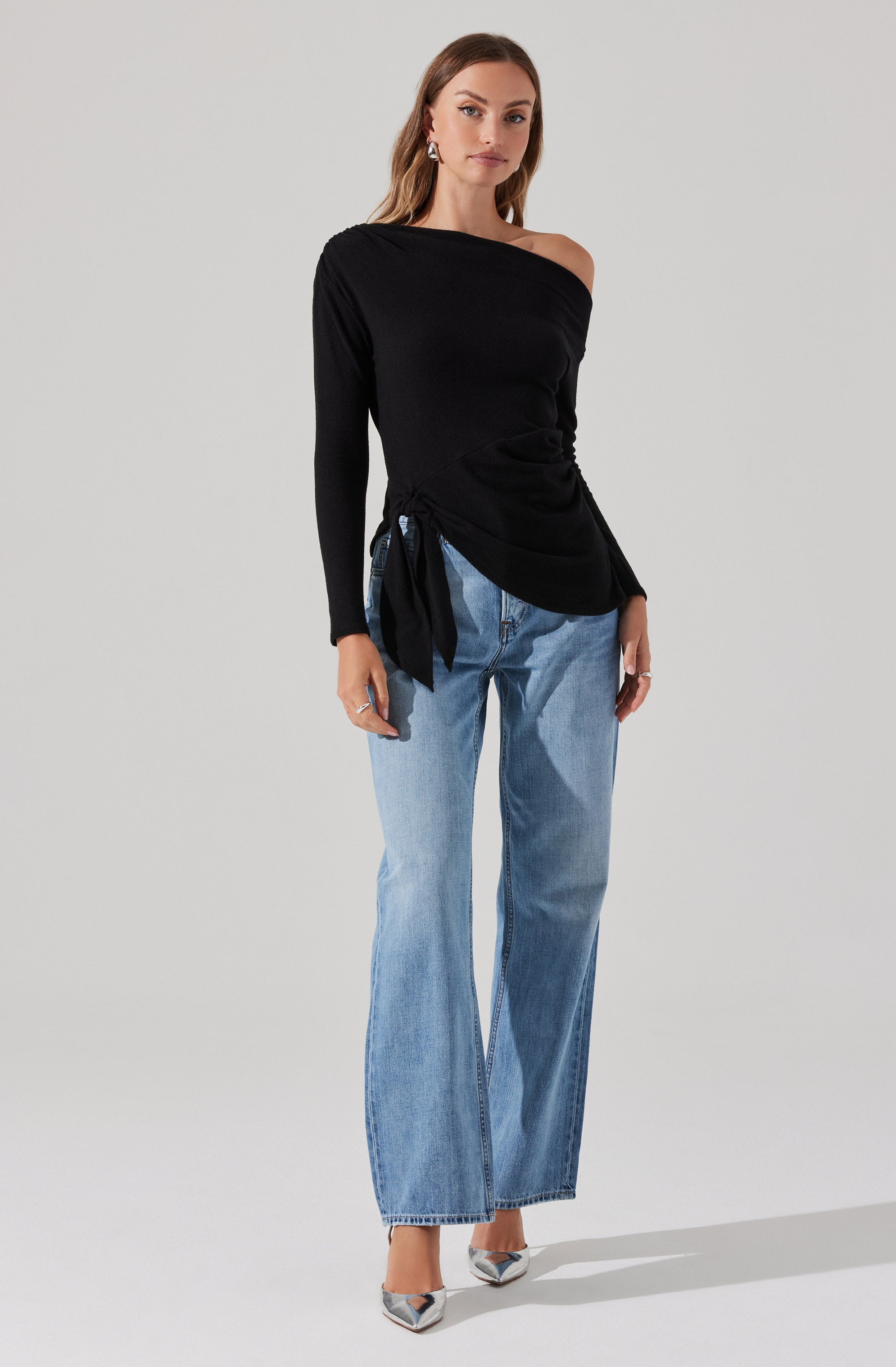 Asymmetrical Off Shoulder Tie Knit Top