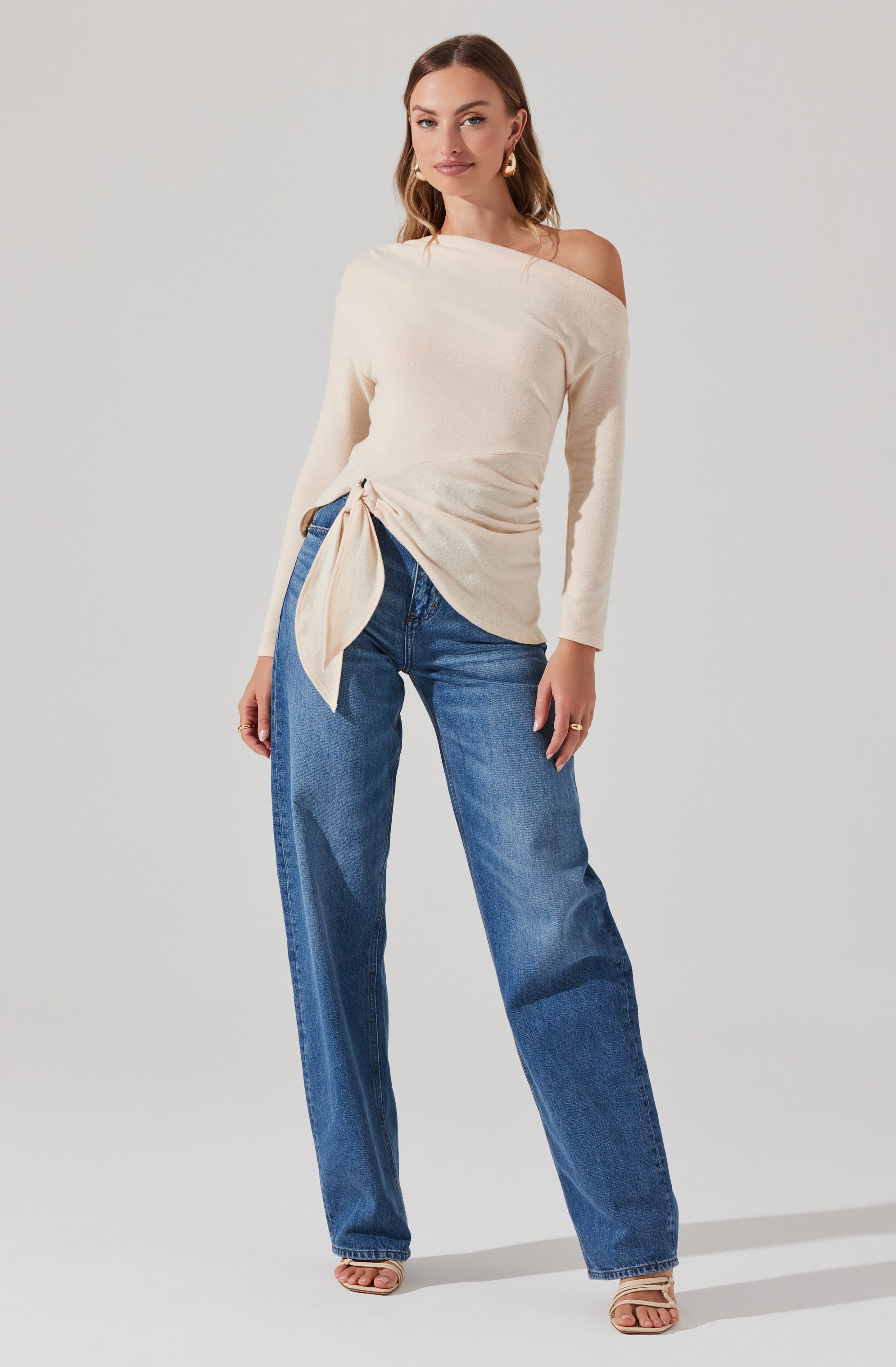 Asymmetrical Off Shoulder Tie Knit Top