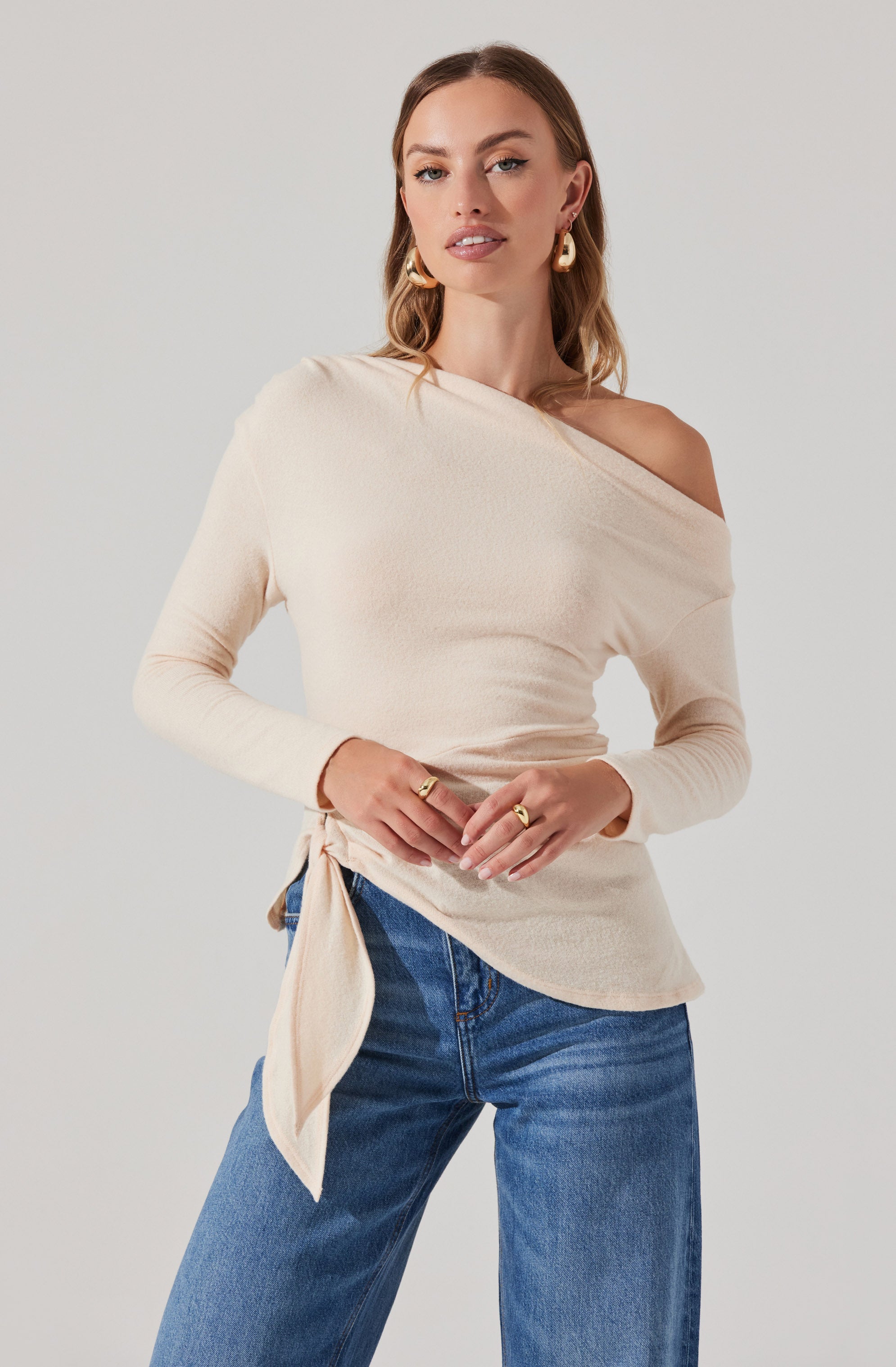 Asymmetrical Off Shoulder Tie Knit Top