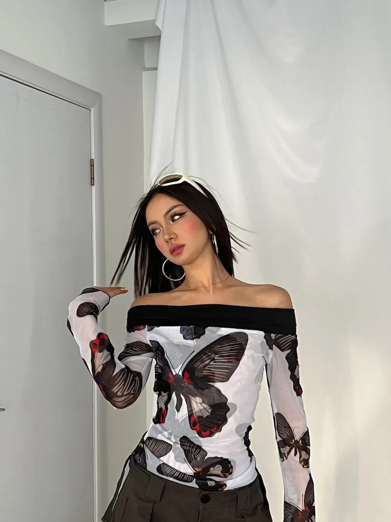 Atia Graphic Butterfly Mesh Off The Shoulder Long Flare Sleeve Top