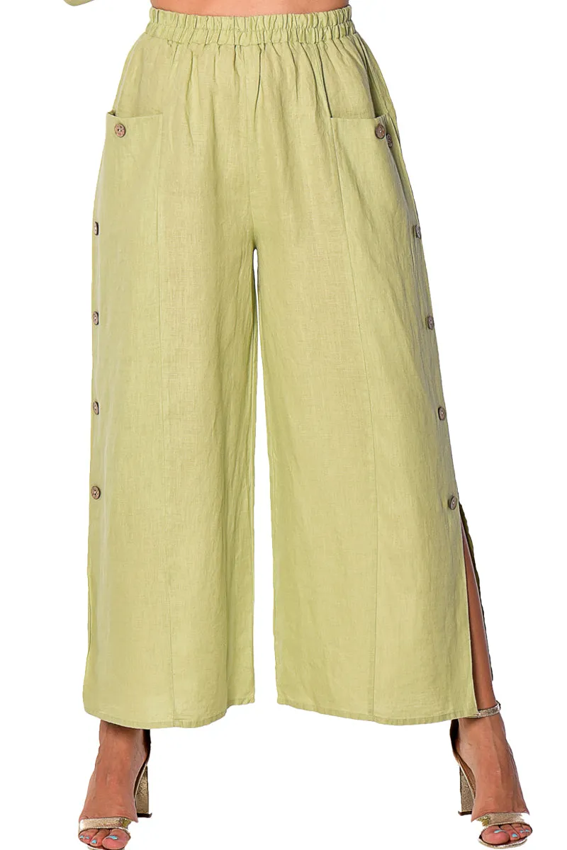 Azucar Ladies Wide Leg 100% Linen Pants w/Front Pockets & Button Detail (3) Colors-LLWP116