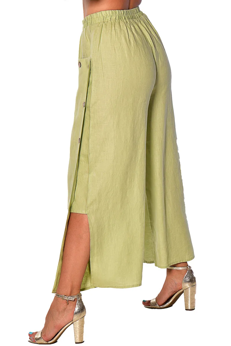 Azucar Ladies Wide Leg 100% Linen Pants w/Front Pockets & Button Detail (3) Colors-LLWP116