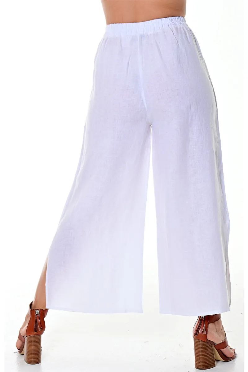 Azucar Ladies Wide Leg 100% Linen Pants w/Front Pockets & Button Detail (3) Colors-LLWP116