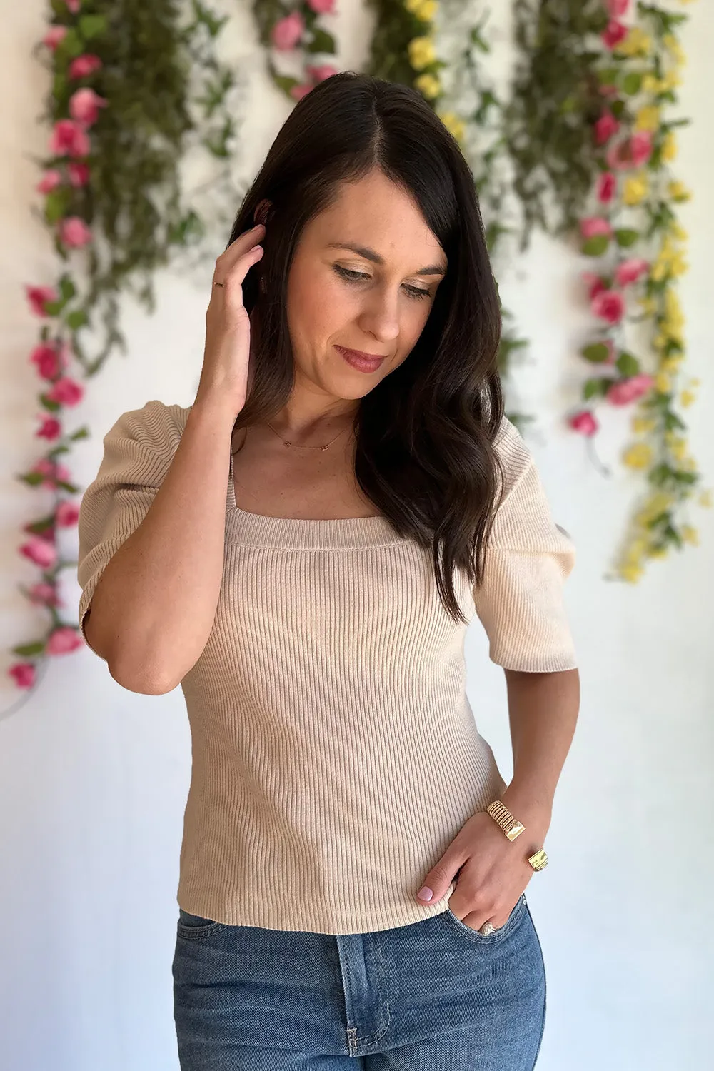 Beige Ribbed Square Neck Top