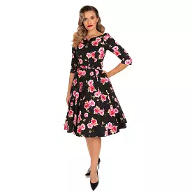 Black & Pink Rose Floral Print 3/4 Sleeve 50s Swing Dress