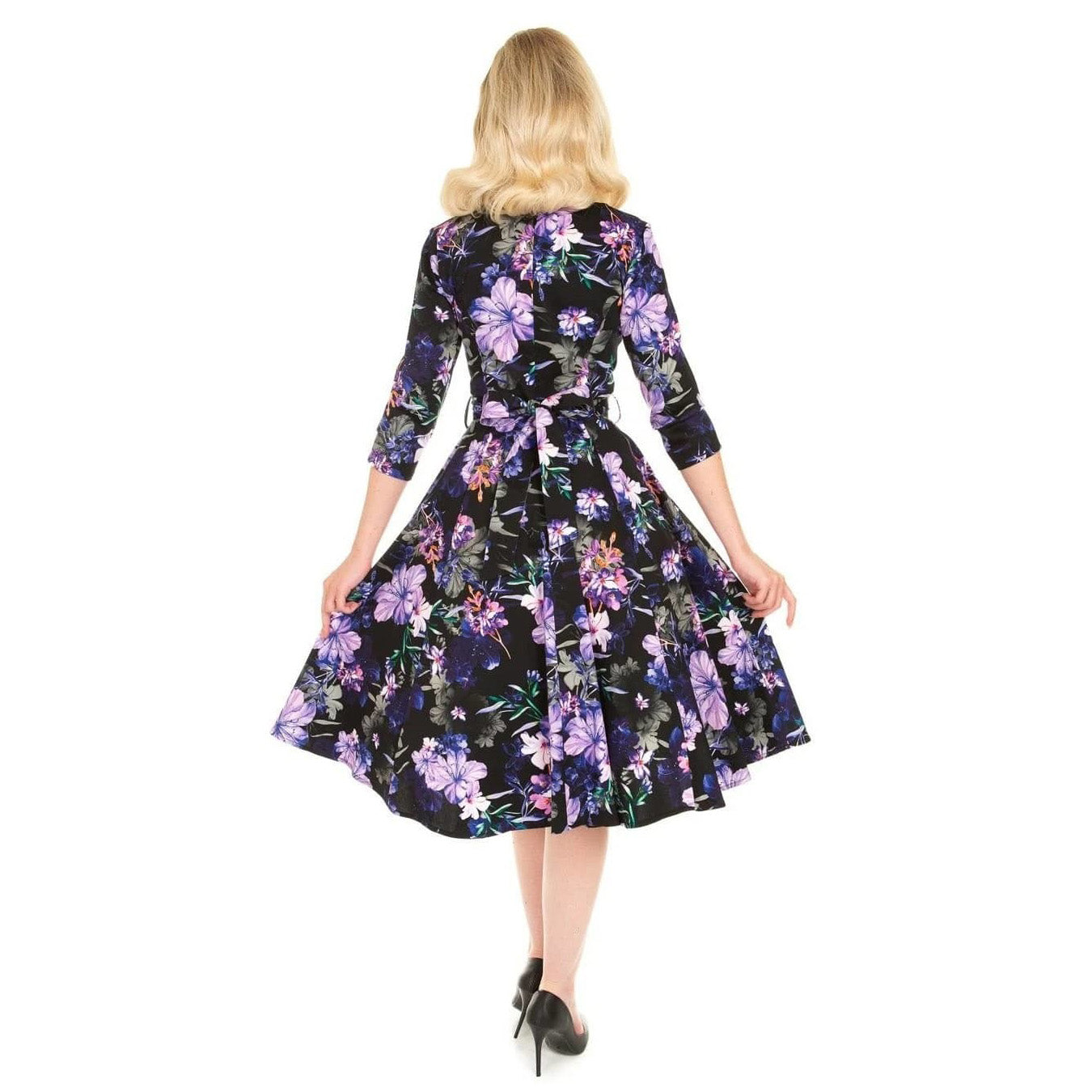 Black & Purple Floral Print 3/4 Sleeve 50s Swing Tea Dress