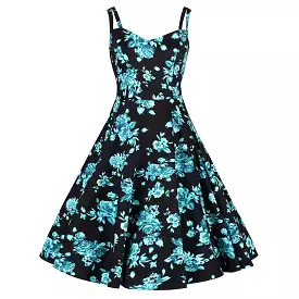 Black and Blue Floral Print Rockabilly 50s Swing Dress