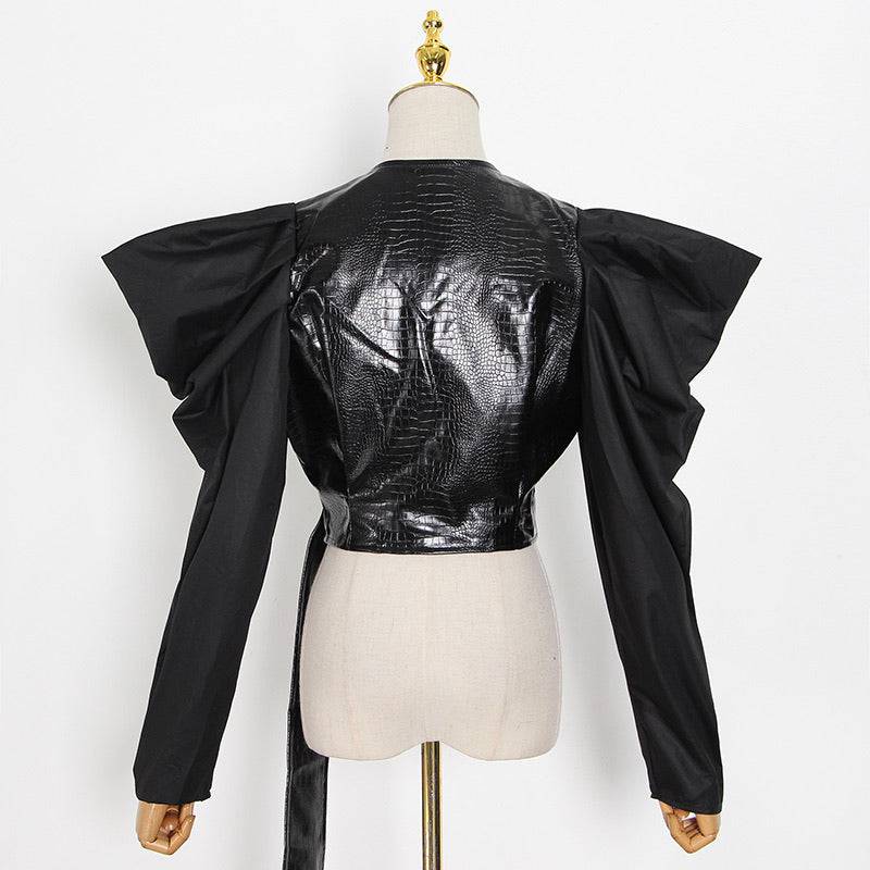 Black Big Shoulder PU Leather Short Top