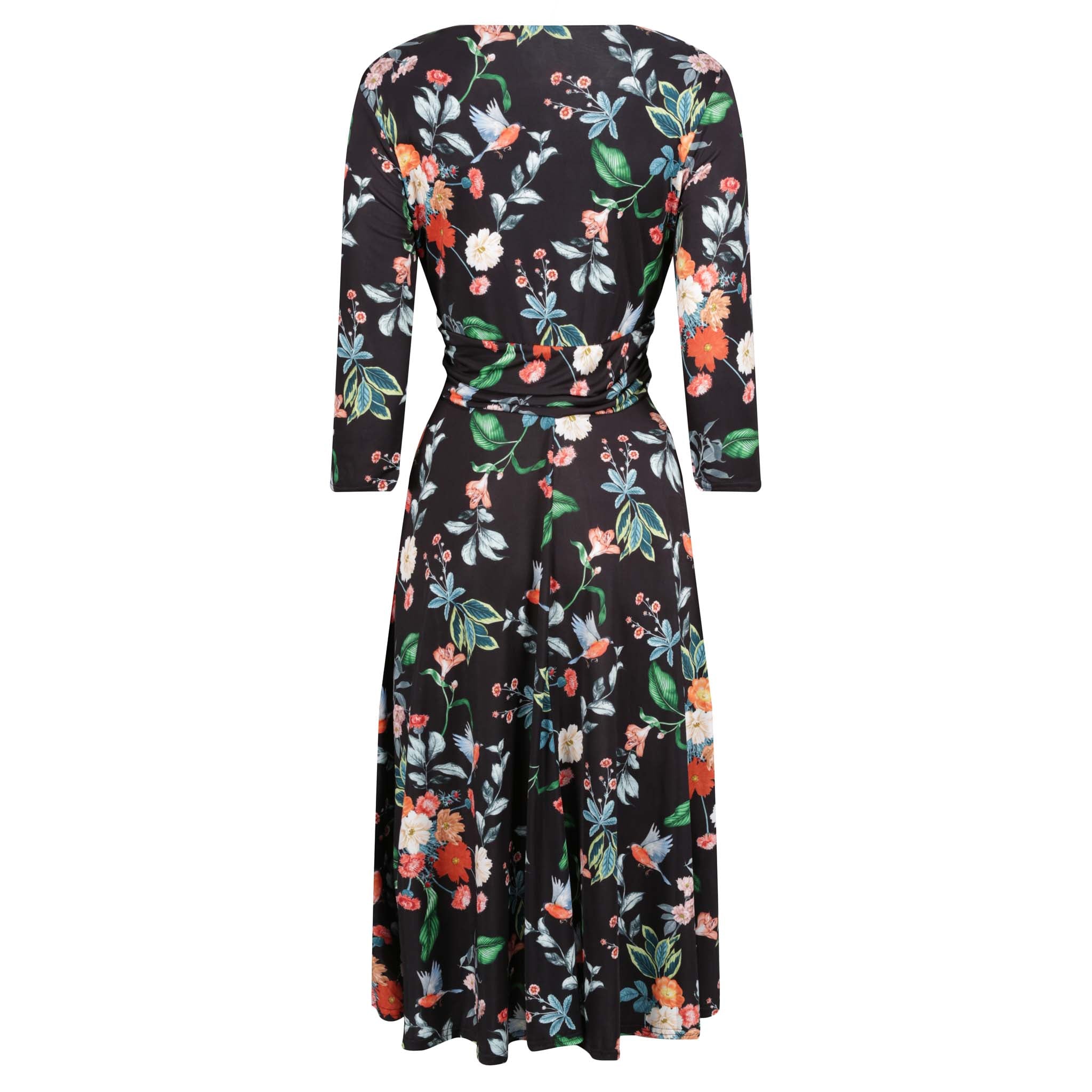 Black Floral Bird Print 3/4 Sleeve V Neck Crossover Top Empire Waist Tea Dress