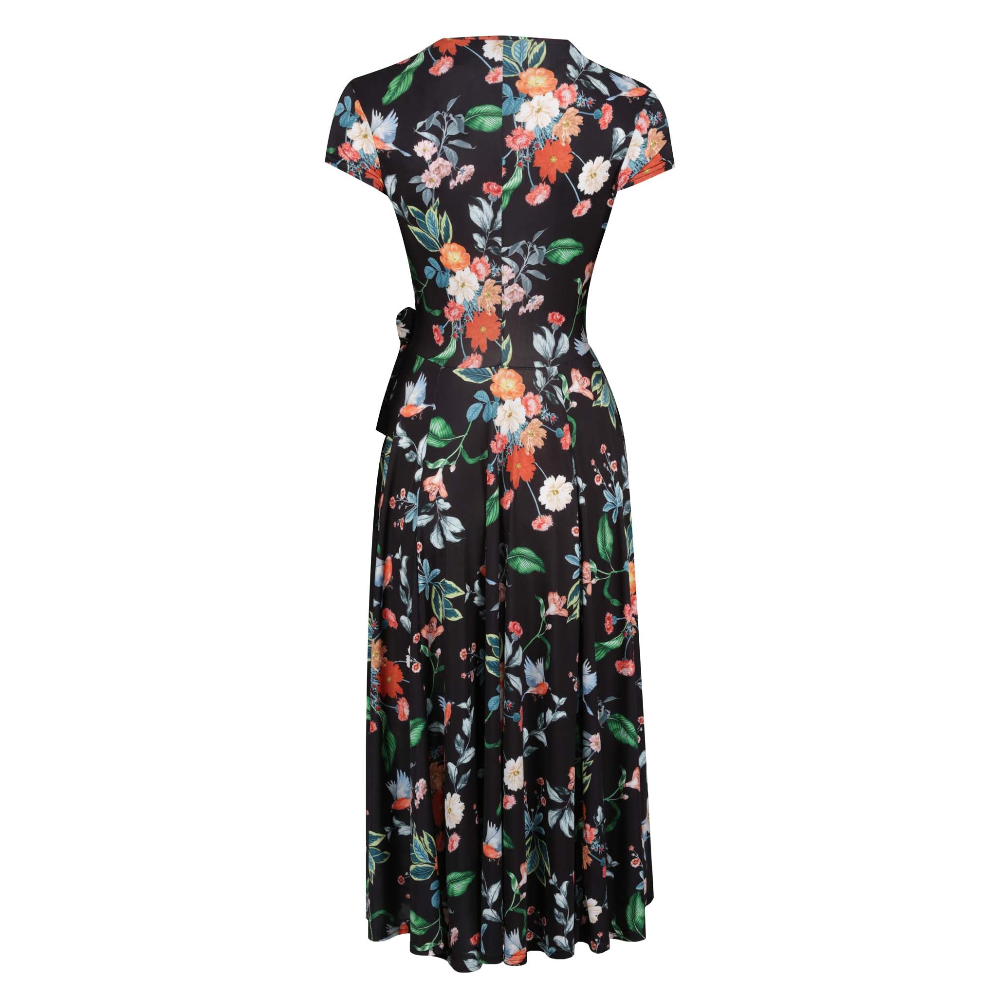 Black Floral Bird Print Cap Sleeve Crossover Top Swing Dress