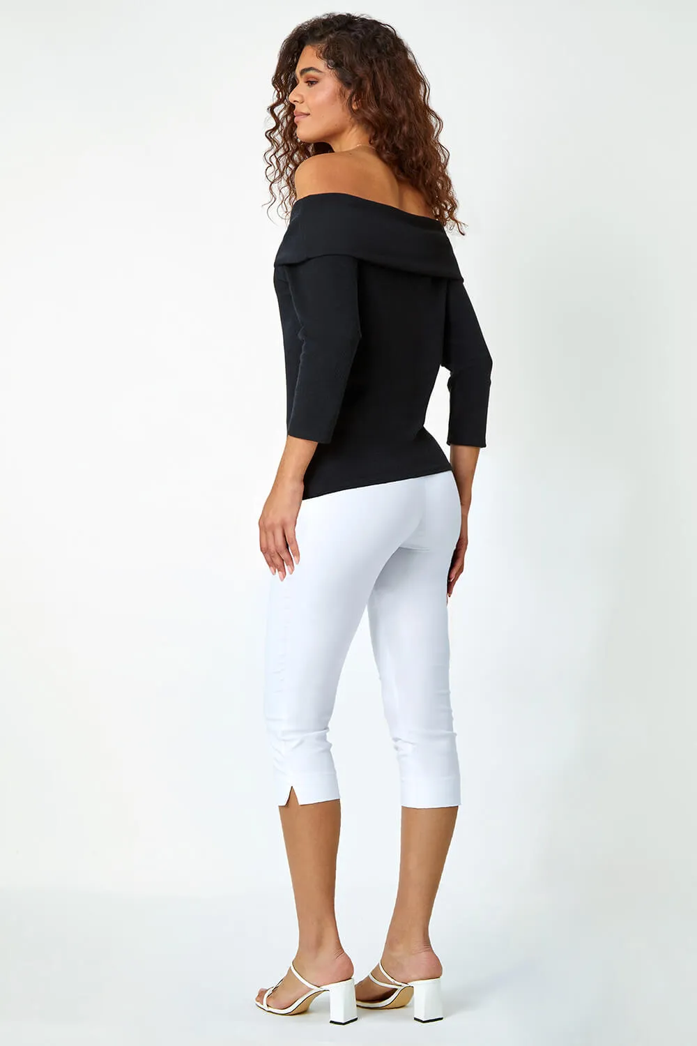 Black Ribbed Bardot Stretch Top  | Roman UK