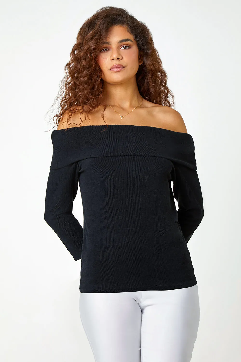 Black Ribbed Bardot Stretch Top  | Roman UK