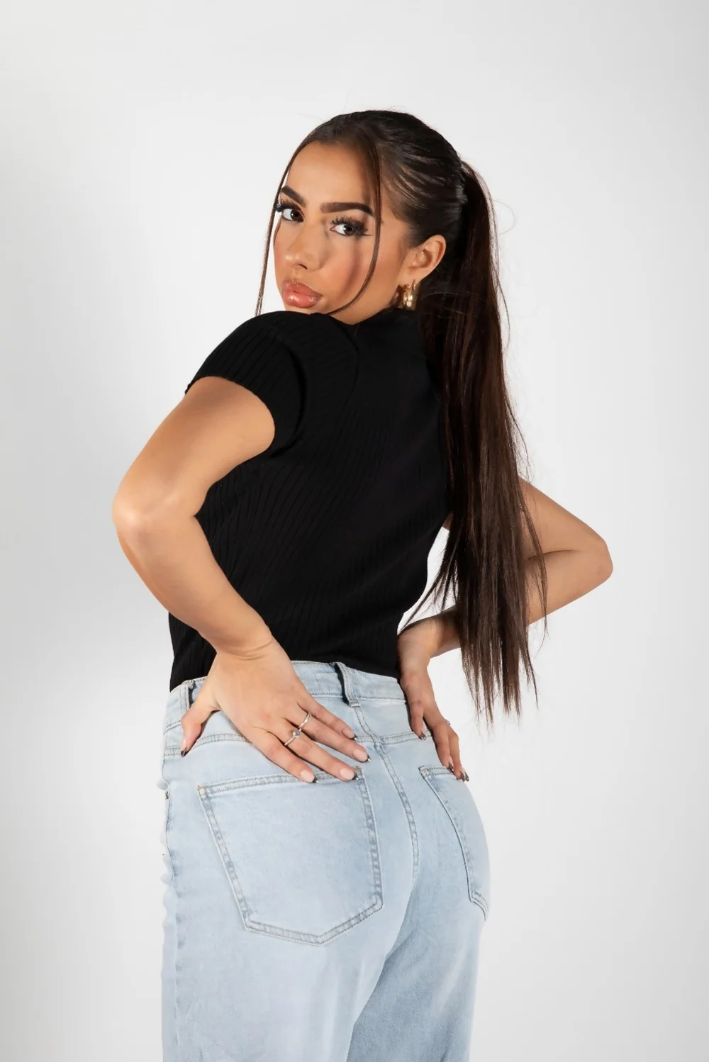 Black Ribbed Collared Short Sleeve Top