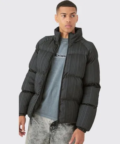 boohooMAN Mens Pleated Funnel Neck Puffer Coat In Black