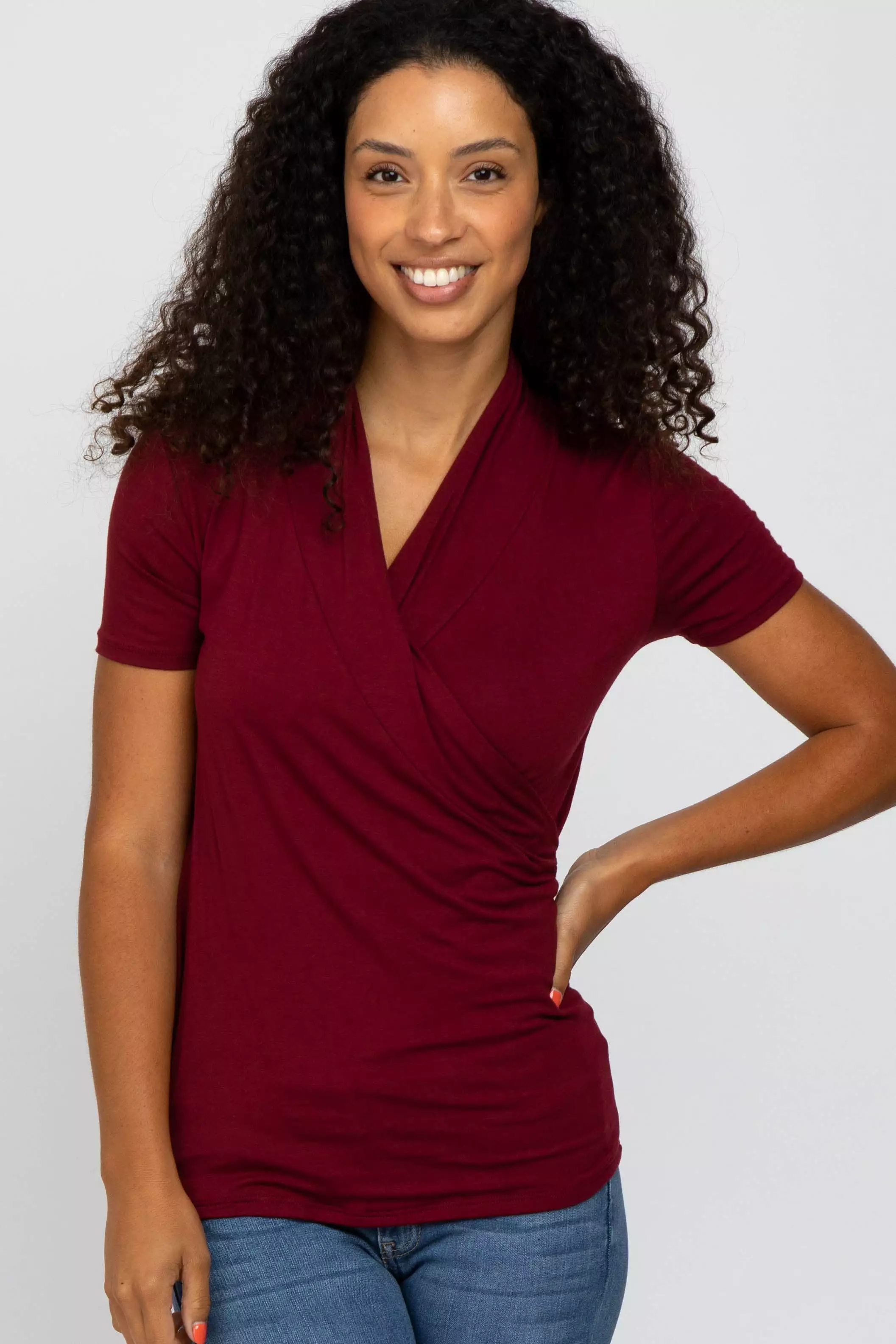 Burgundy Solid Short Sleeve Wrap Front Maternity/Nursing Top