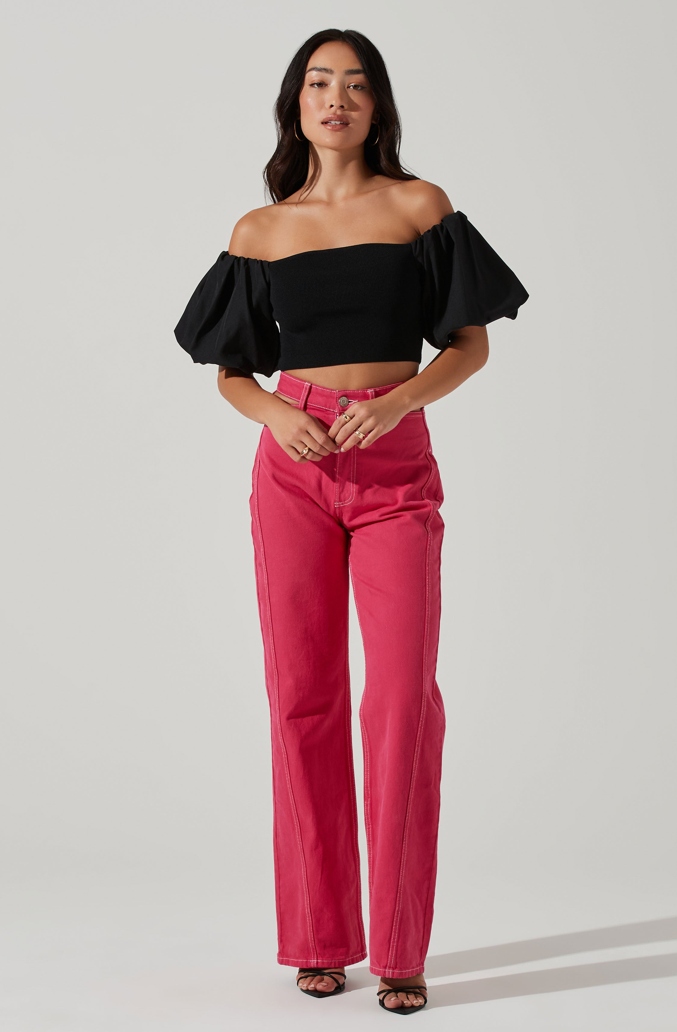 Carminia Sweater Knit Off Shoulder Puff Sleeve Top