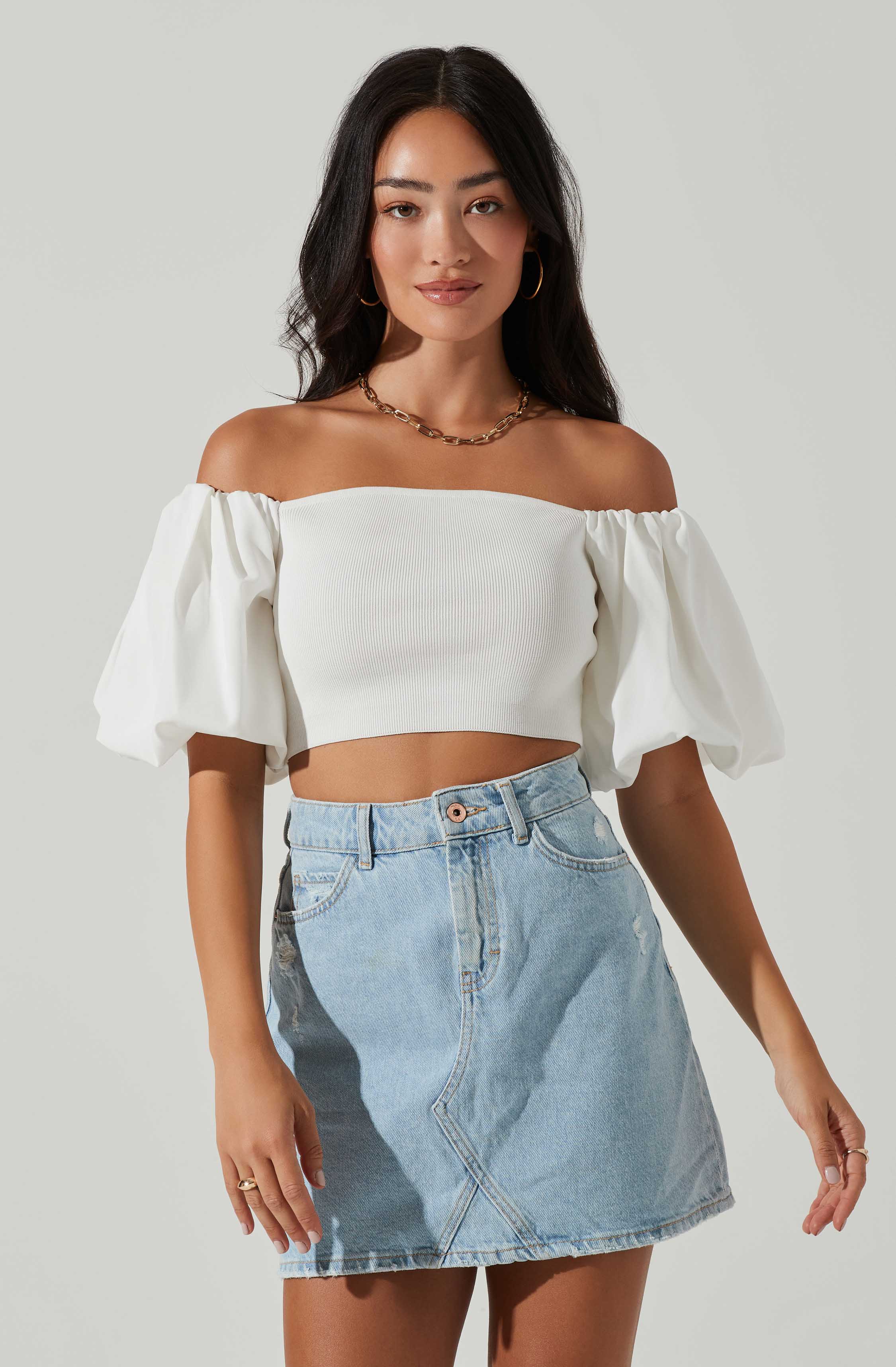 Carminia Sweater Knit Off Shoulder Puff Sleeve Top