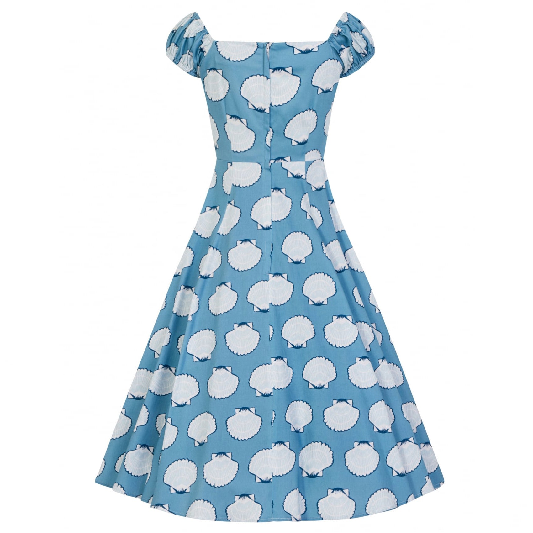 Collectif Sky Blue Seashell Print Sweetheart Neckline 50s Swing Dress