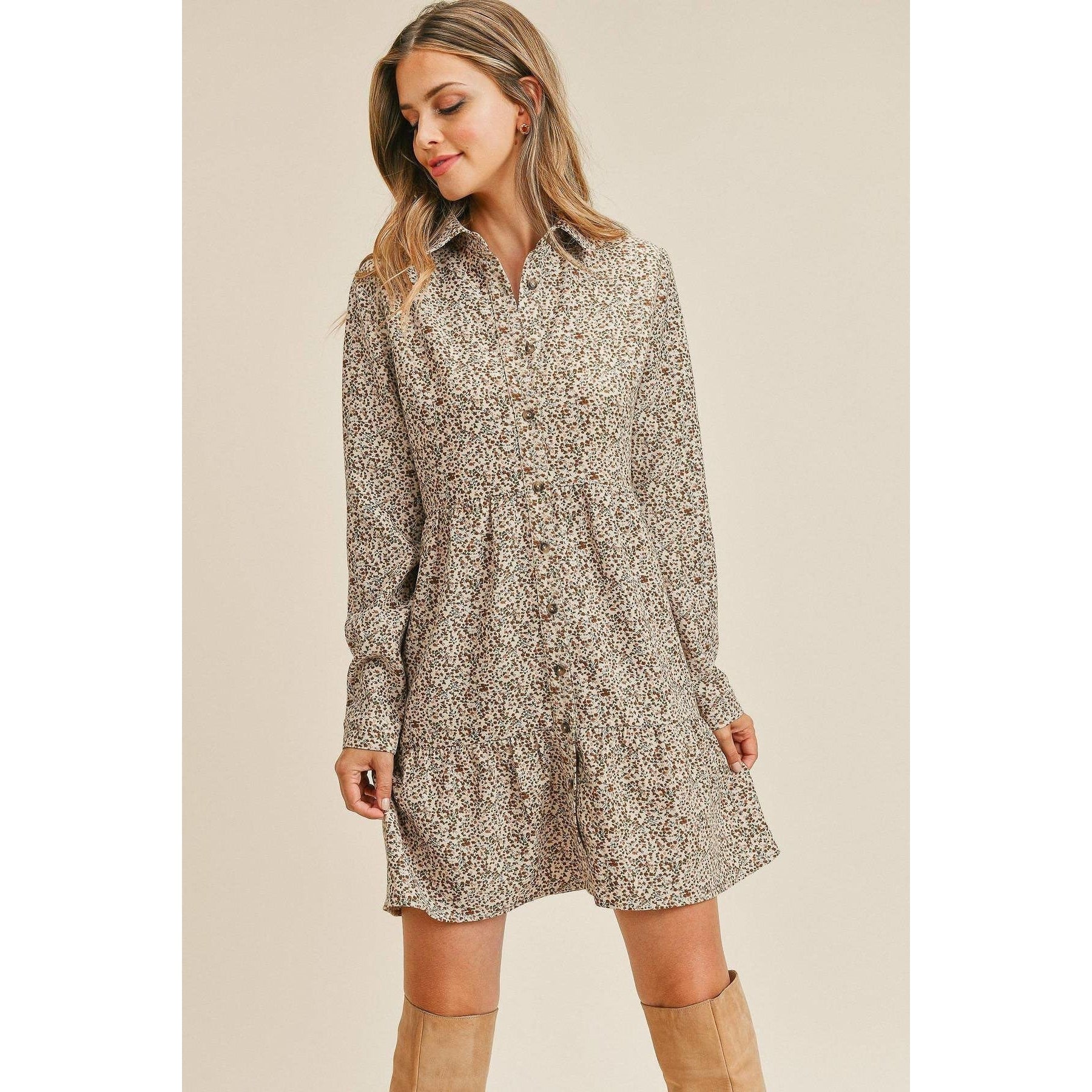 Corduroy Printed Button Down Front Collar Long Sleeve Dress