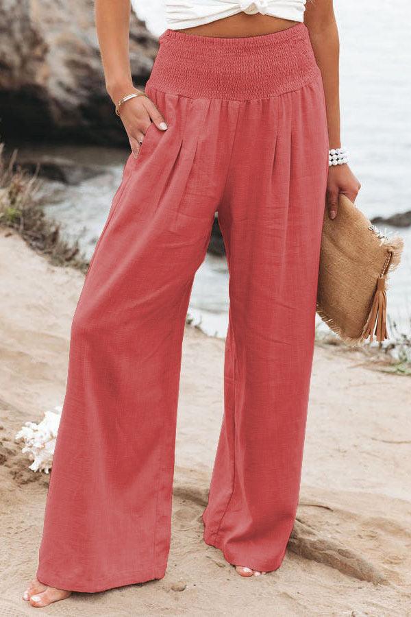 Cotton Linen Color Elastic Waist Wide Leg Pants