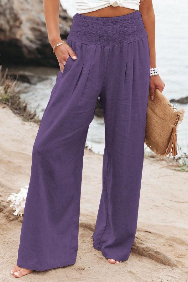 Cotton Linen Color Elastic Waist Wide Leg Pants