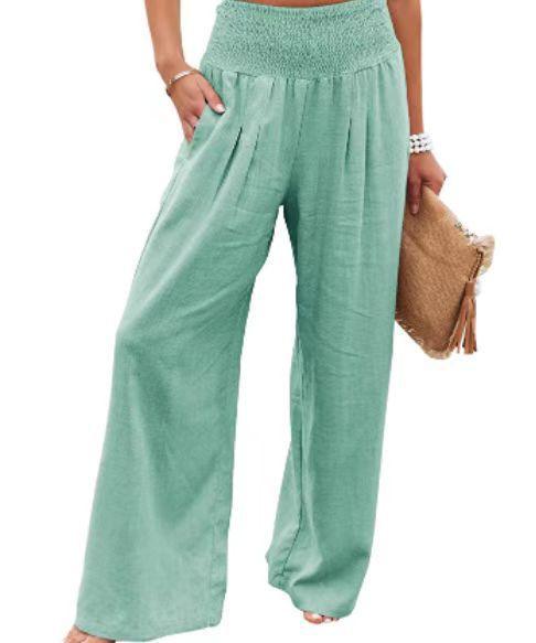 Cotton Linen Color Elastic Waist Wide Leg Pants