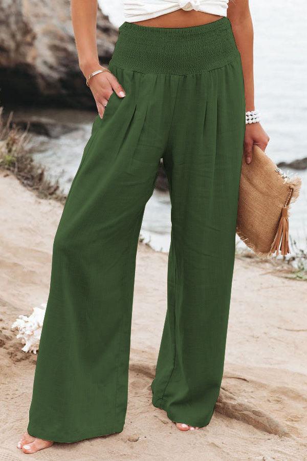 Cotton Linen Color Elastic Waist Wide Leg Pants