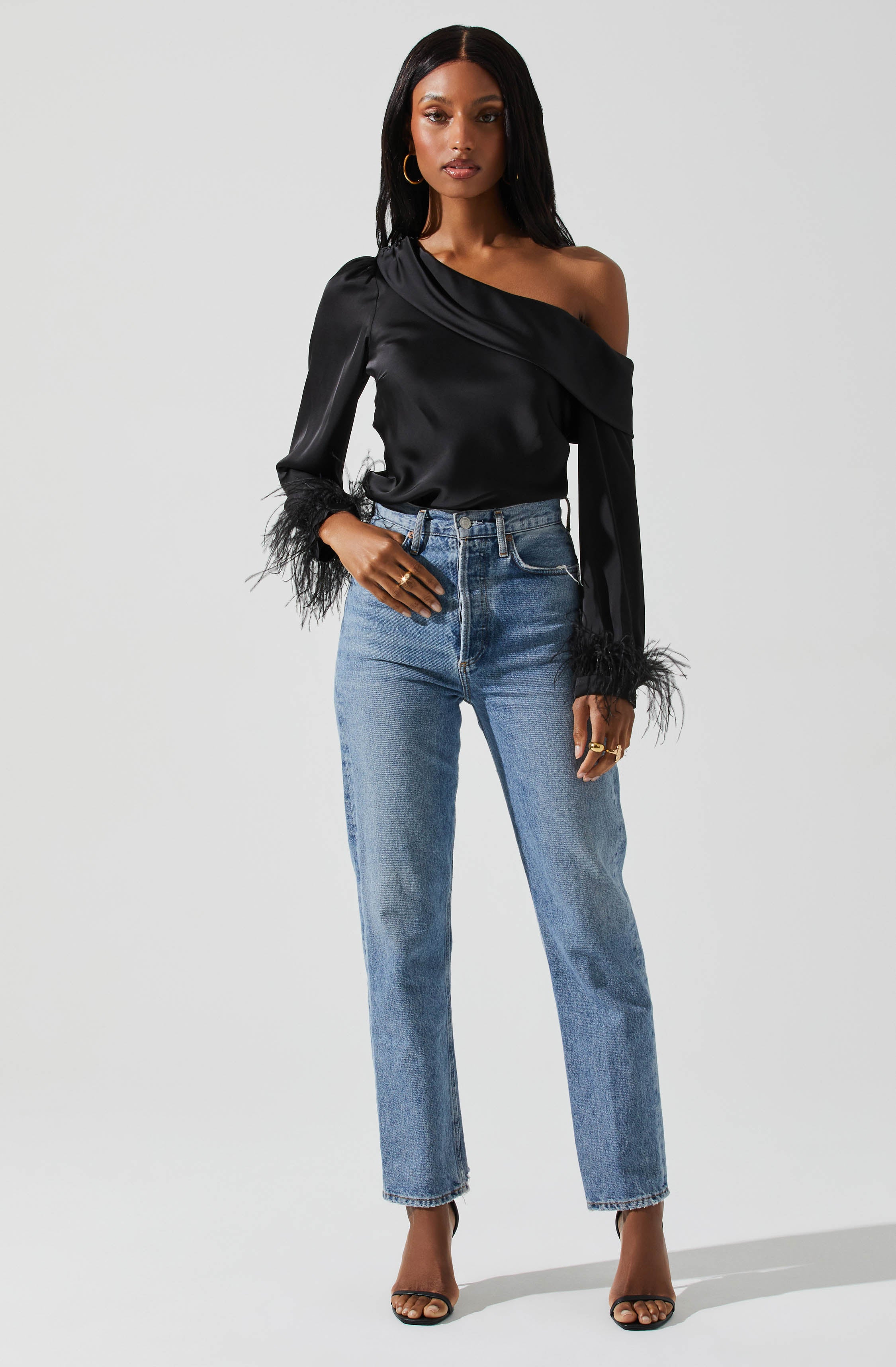 Dawn Off Shoulder Feather Trim Top