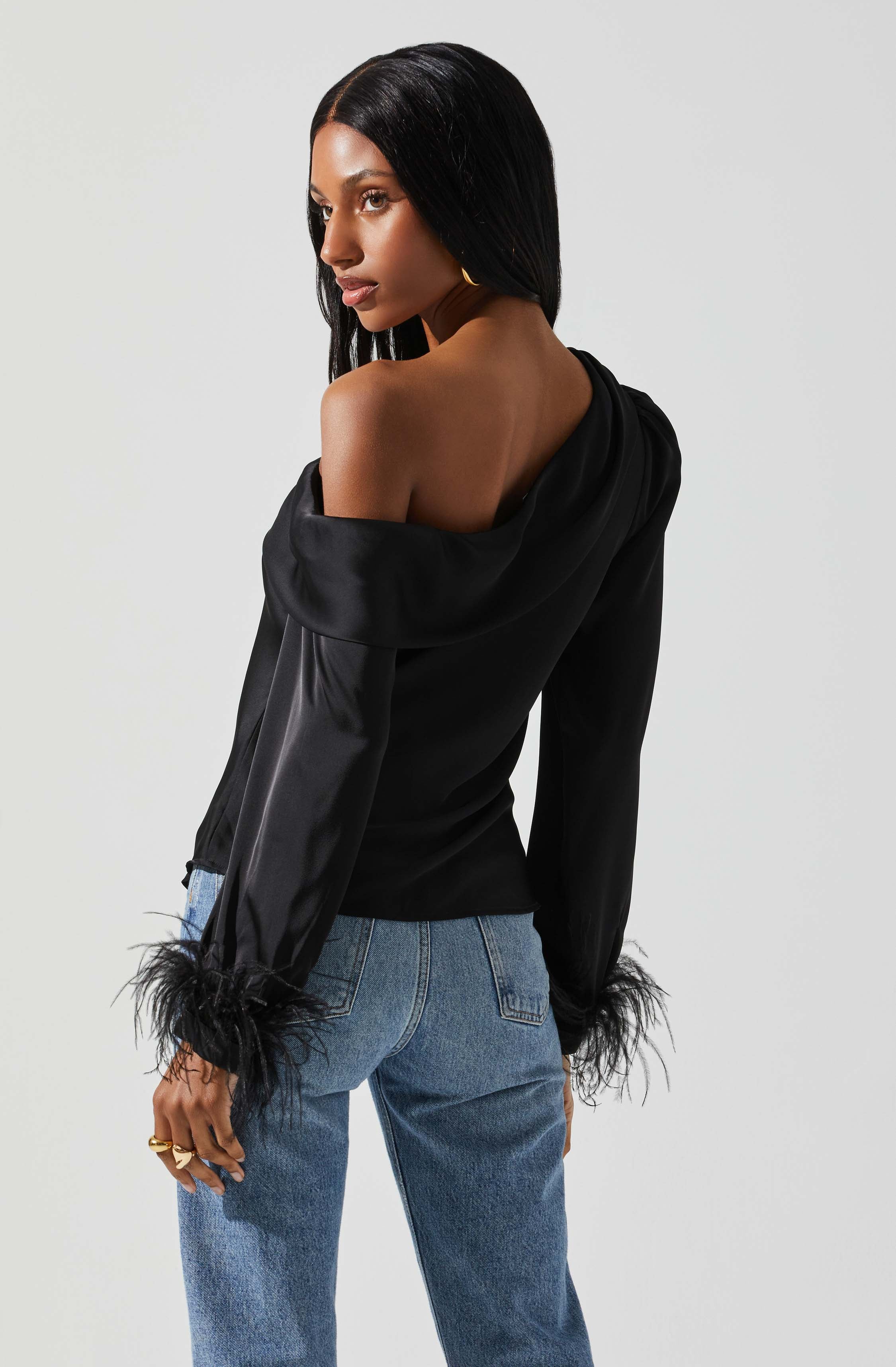 Dawn Off Shoulder Feather Trim Top