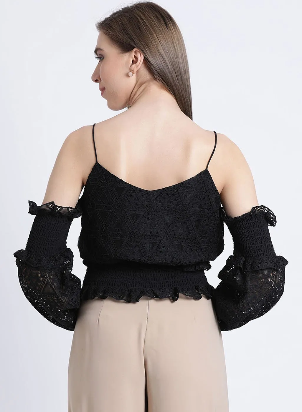 Dream Noir Cold Shoulder Smocking Top