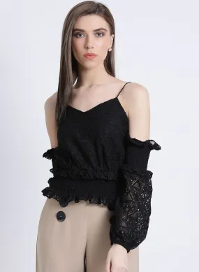 Dream Noir Cold Shoulder Smocking Top