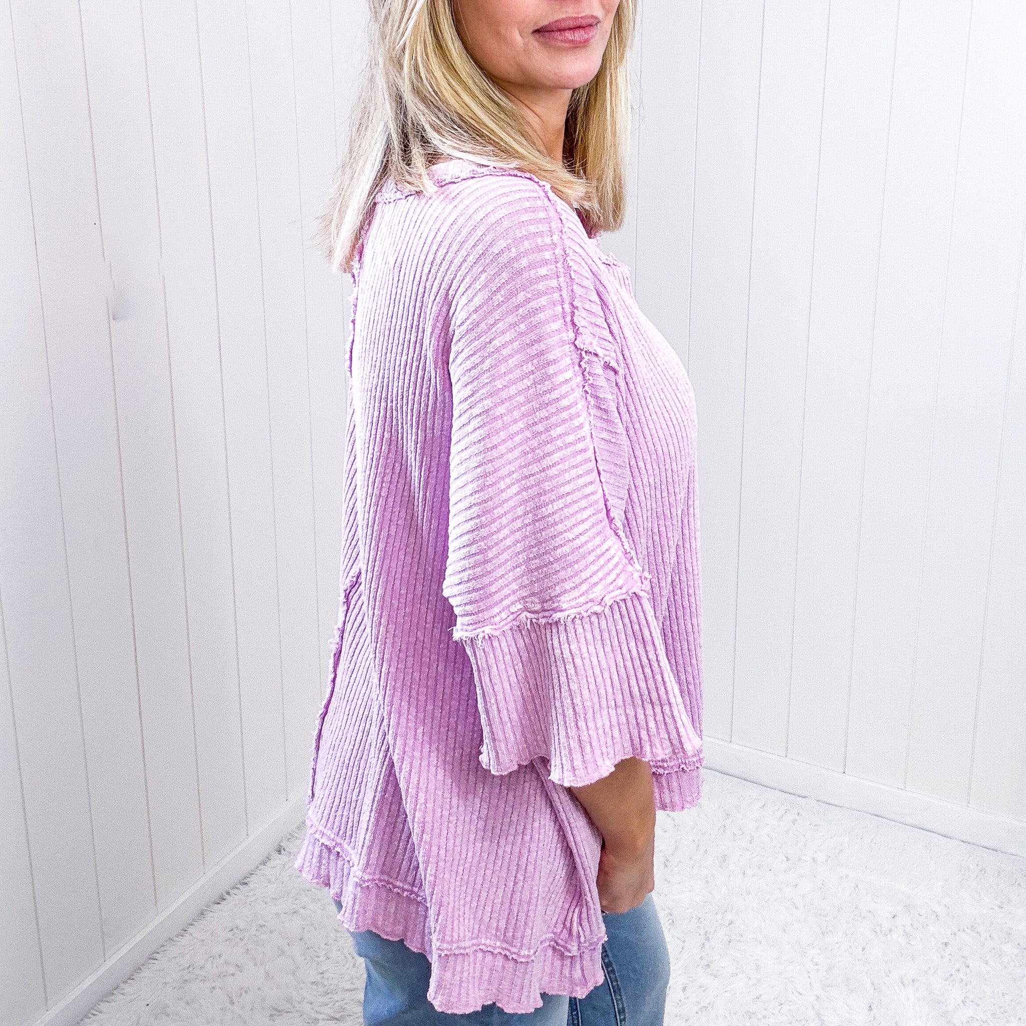 Easel Lilac Pink Oversized Boxy Wide Ribbed Short Sleeve Top