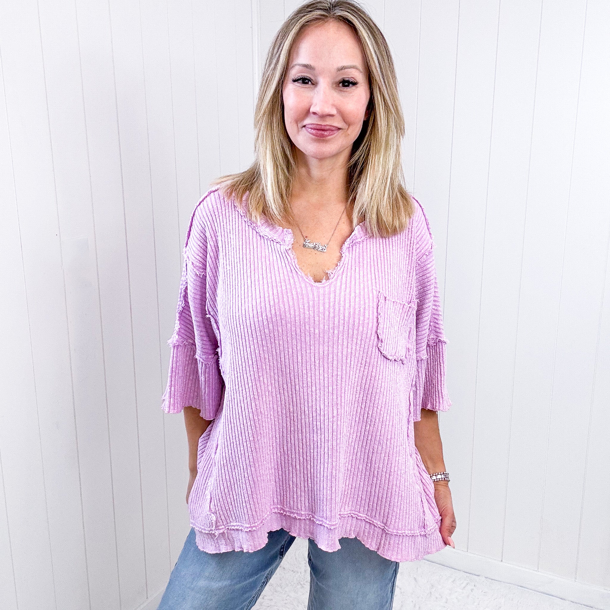 Easel Lilac Pink Oversized Boxy Wide Ribbed Short Sleeve Top