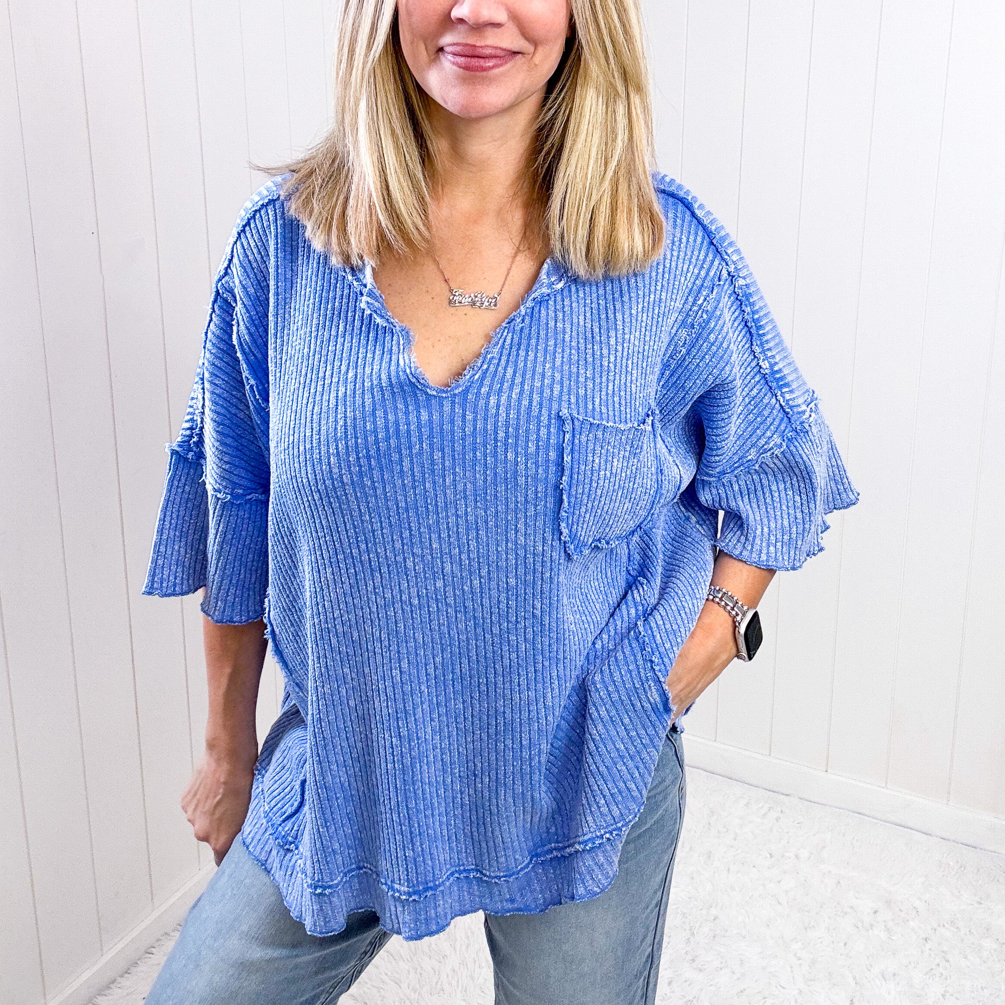 Easel Peri Blue Oversized Boxy Wide Ribbed Short Sleeve Top