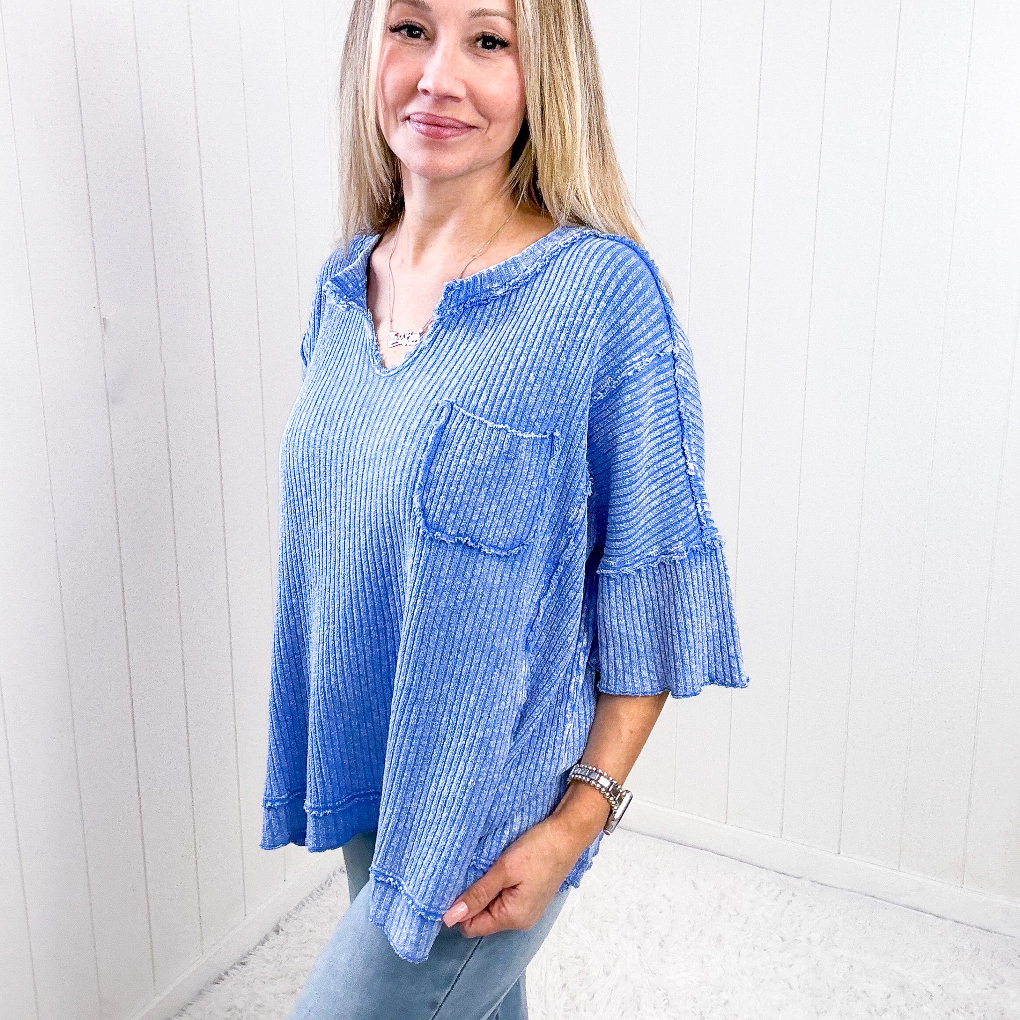 Easel Peri Blue Oversized Boxy Wide Ribbed Short Sleeve Top