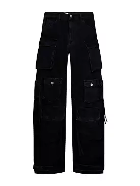 `Fern` cargo pant in black denim with multipockets and wide leg cut.