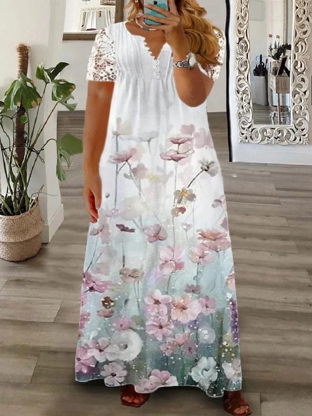 Floral Butterfly Print Plus Size Maxi Dress with Long Sleeves