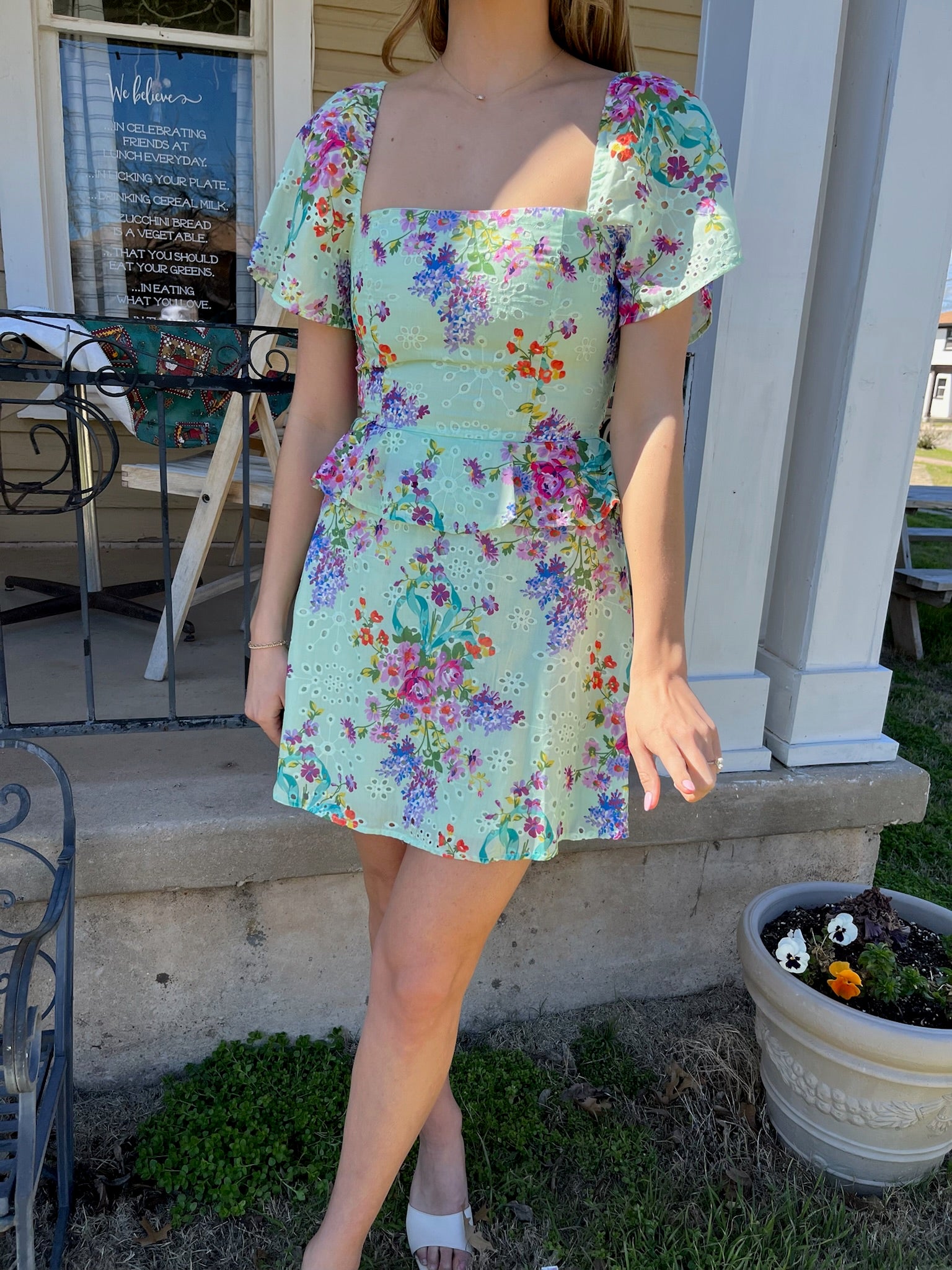 Floral Printed Eyelet Dress- Mint