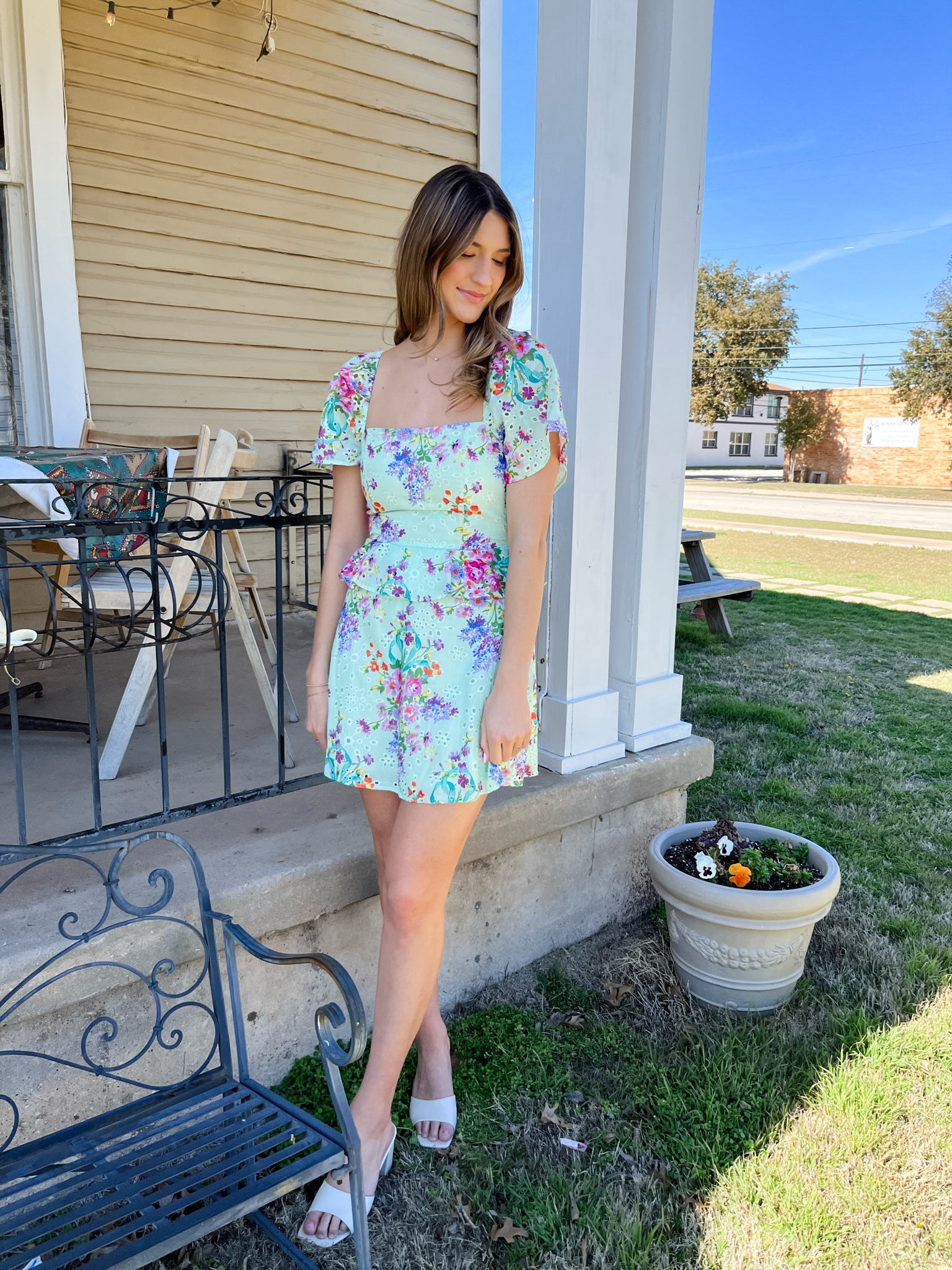 Floral Printed Eyelet Dress- Mint