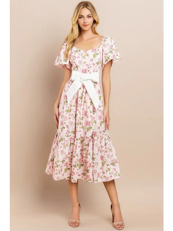 Floral Printed Flutter Sleeves Dress- Pink