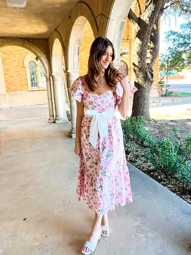 Floral Printed Flutter Sleeves Dress- Pink