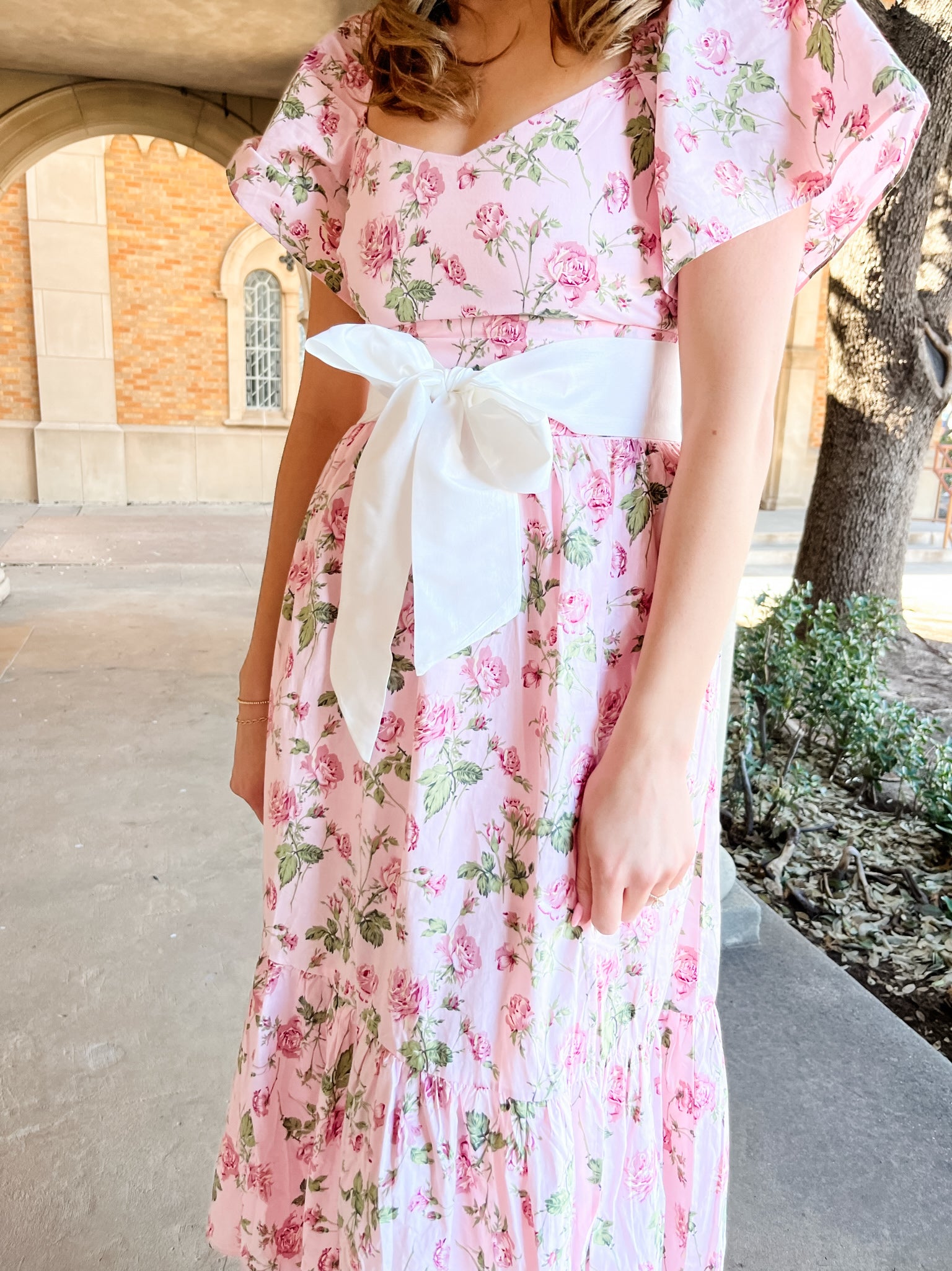 Floral Printed Flutter Sleeves Dress- Pink