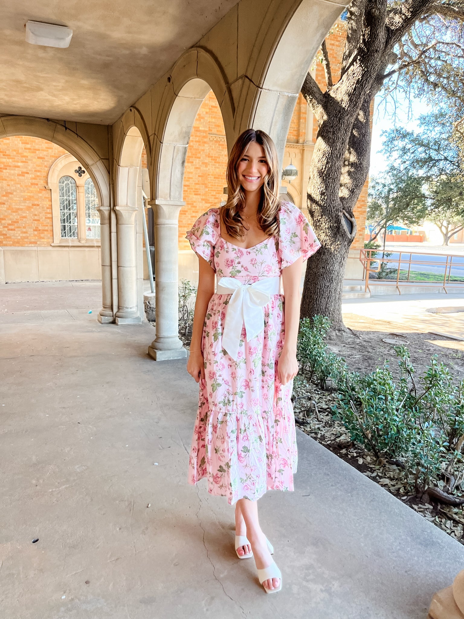 Floral Printed Flutter Sleeves Dress- Pink