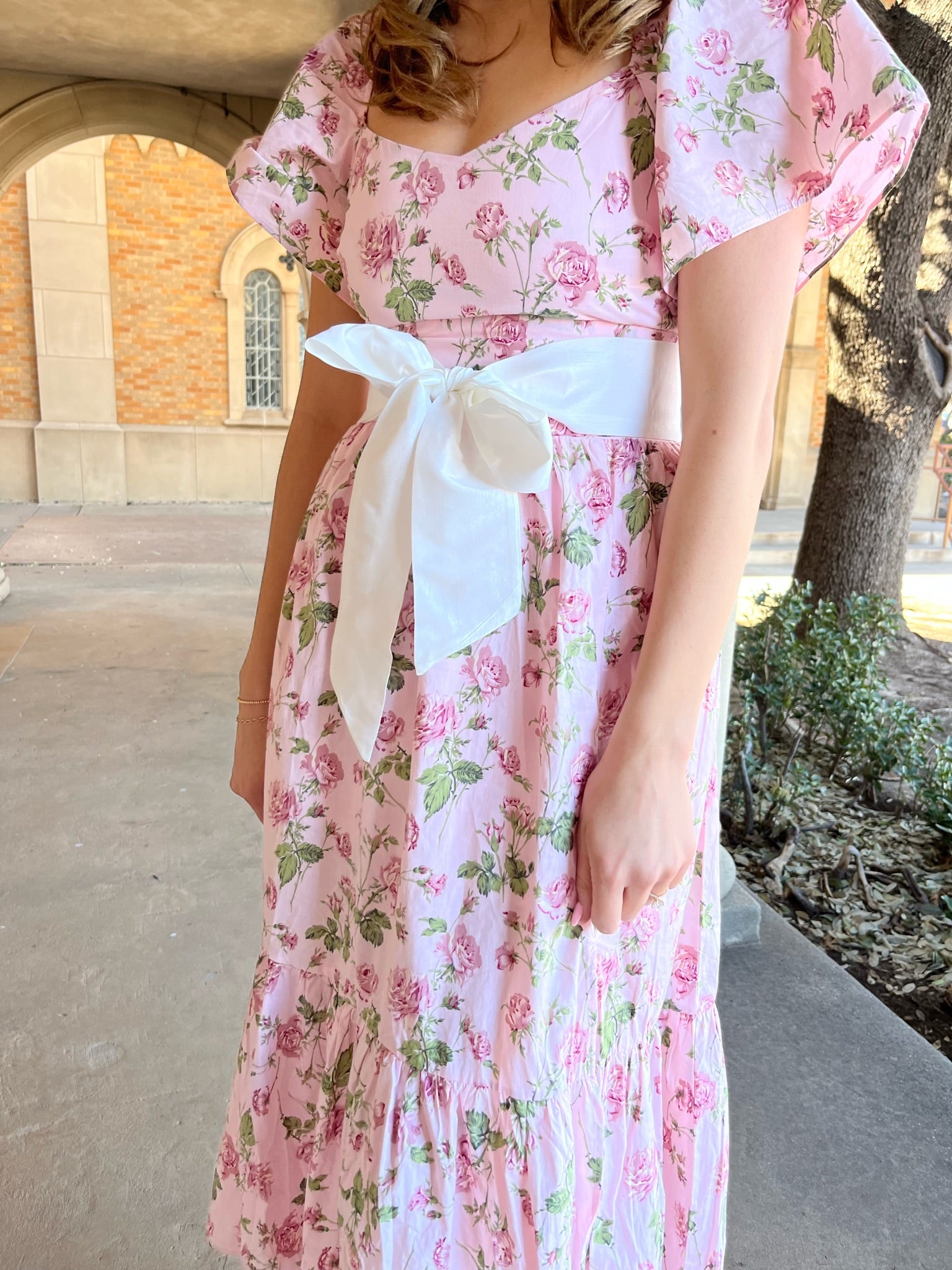 Floral Printed Flutter Sleeves Dress- Pink