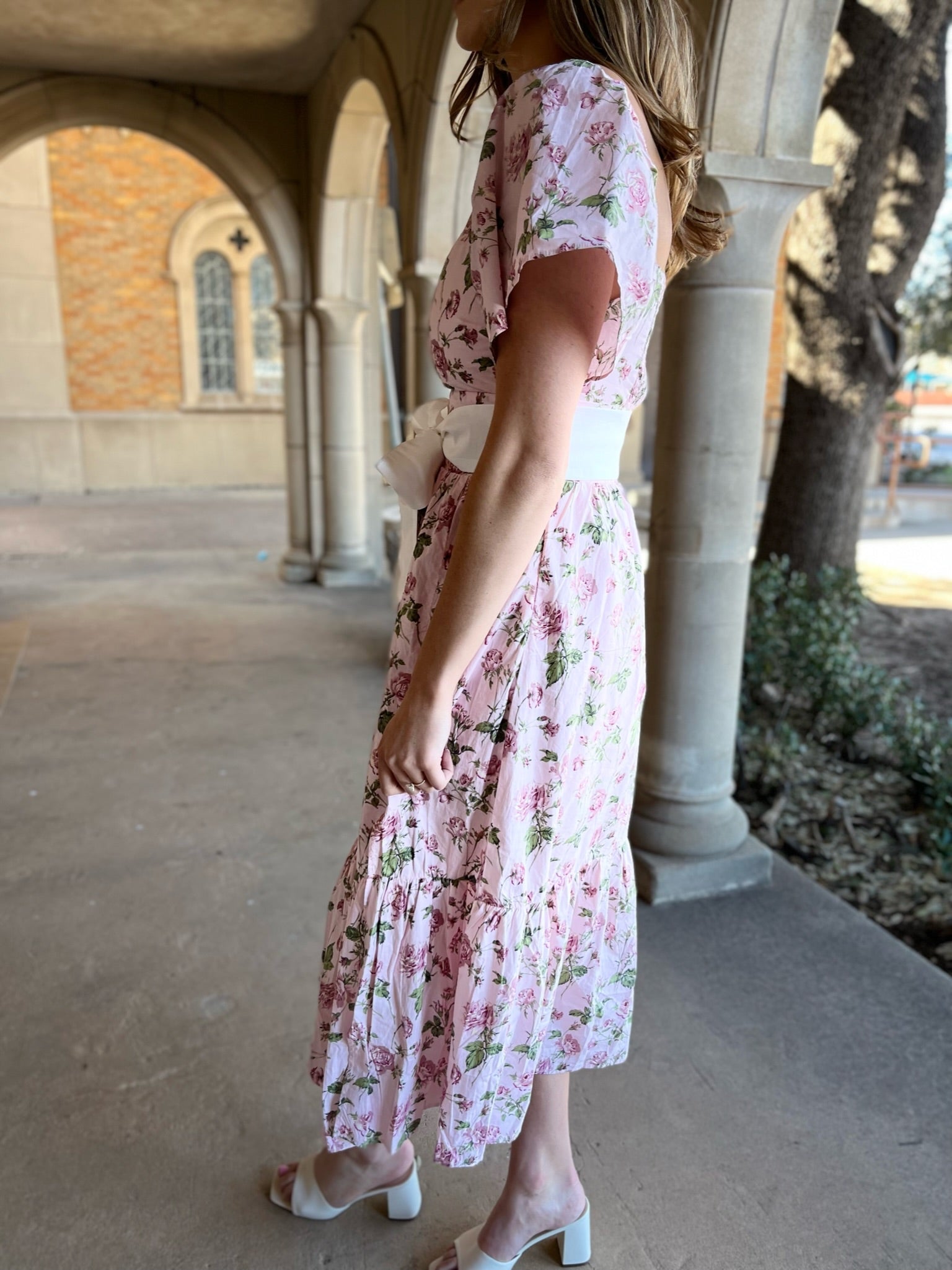 Floral Printed Flutter Sleeves Dress- Pink