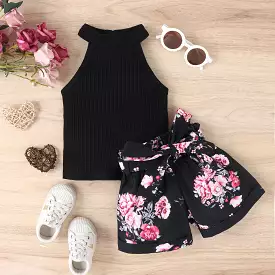 Girls Ribbed Top+Floral Print Short Set