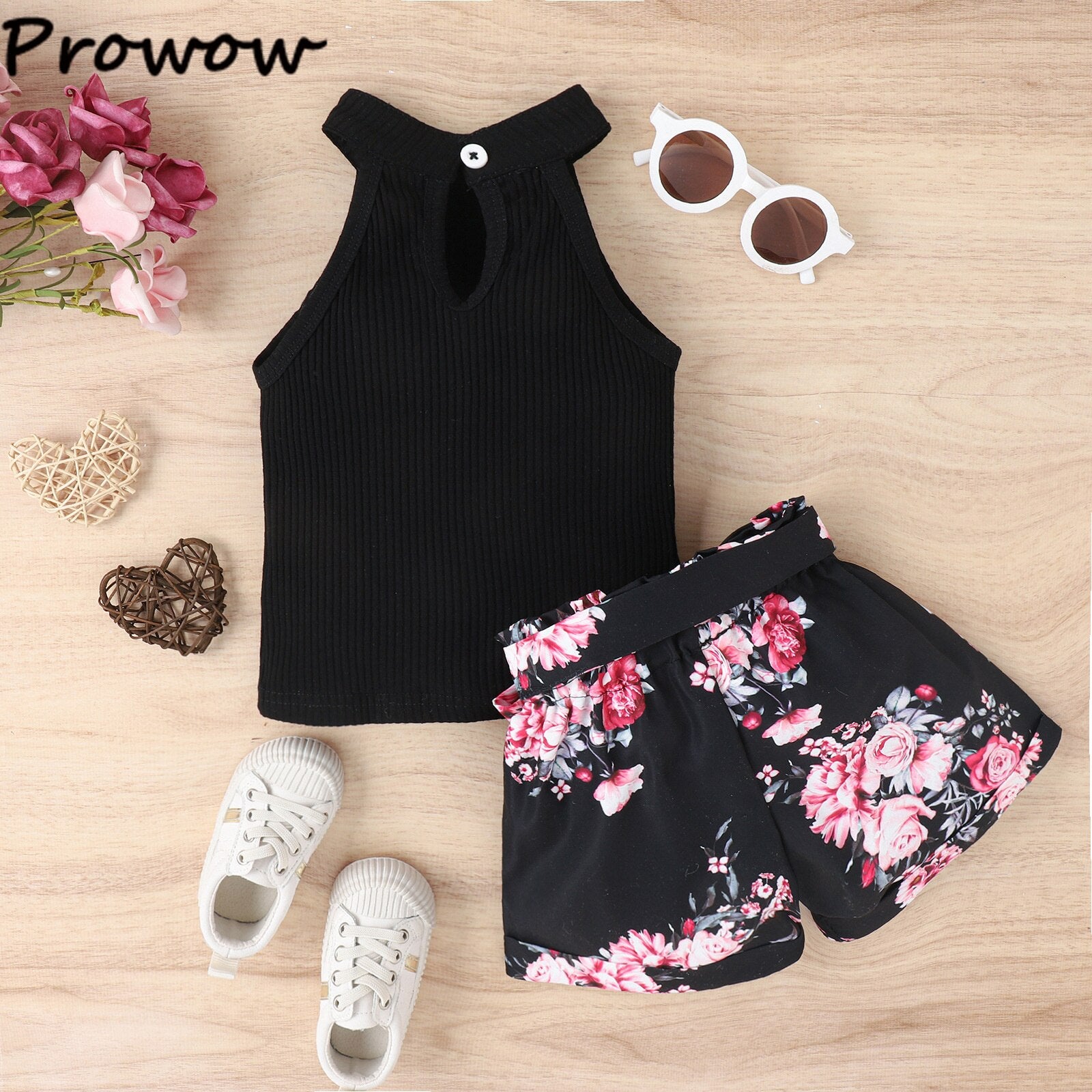 Girls Ribbed Top+Floral Print Short Set