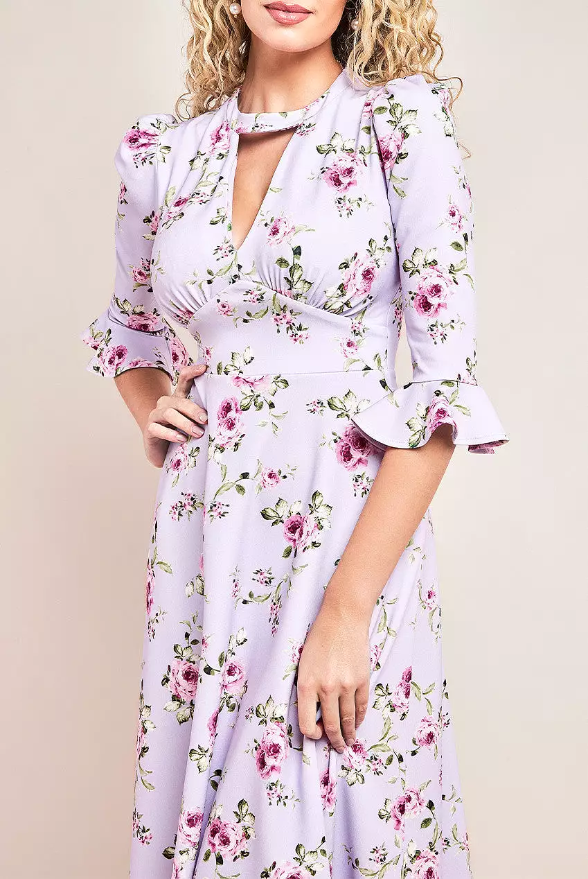 Goddiva Floral Printed Flared Sleeve Midi Dress