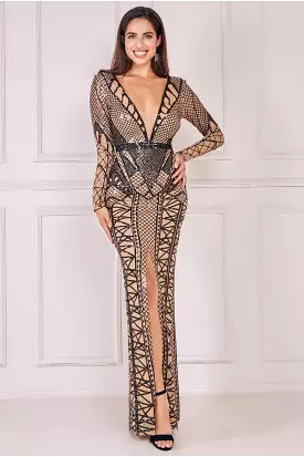 Goddiva Geometric Sequin Plunge Maxi Dress